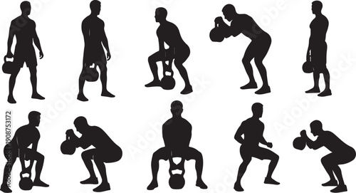 Silhouette of man exercising with kettlebell in various positions