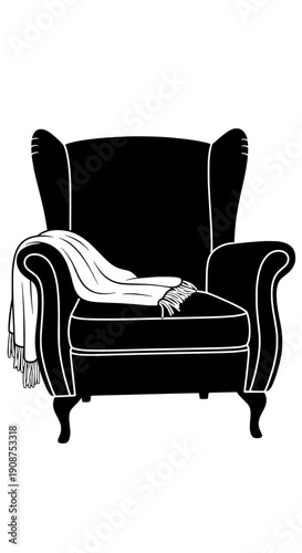 A black and white vector illustration of a wingback chair with a blanket draped over it