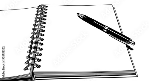 An open notebook lies flat with a pen on the page, vector illustration, black and white, top view