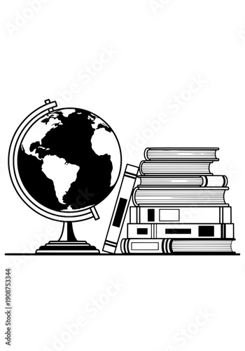 Globe and books symbolize global knowledge and study in a simple vector illustration