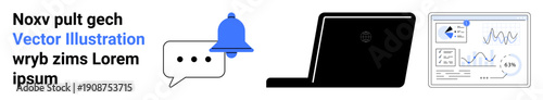 Communication, notifications, technology, data analysis, productivity tools, online platforms. A bell, text bubble laptop and data-focused interface. Communication and notifications concept
