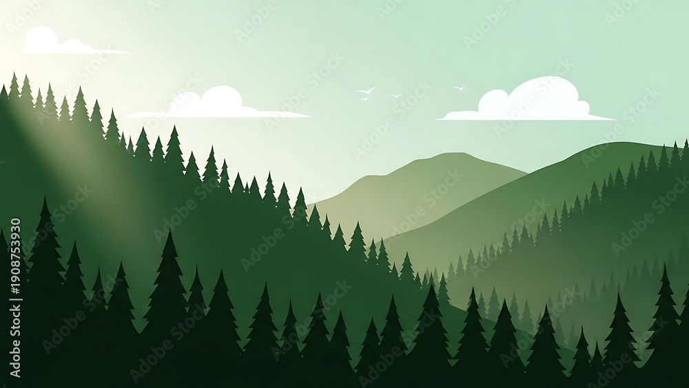 Fototapeta premium Green Mountain Forest Landscape with Sun Rays and Flat Design Clouds