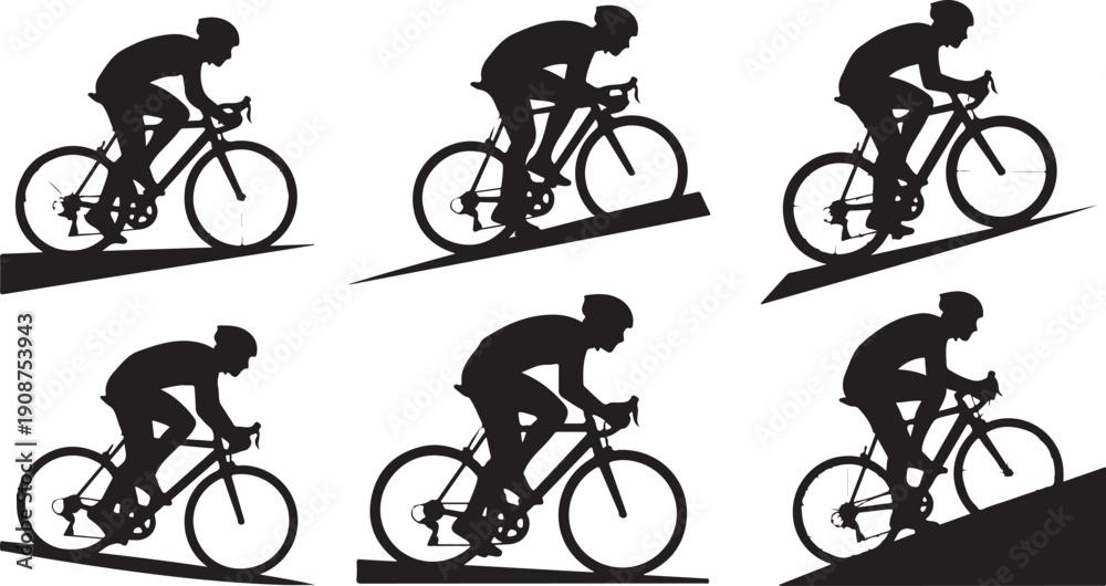 Fototapeta premium Cyclist riding uphill in different positions and angles slowly