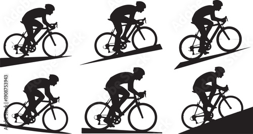 Cyclist riding uphill in different positions and angles slowly
