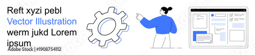 Technology, user interface design, teamwork, project management, innovation, collaboration tools. Gear icon, person pointing and webpage interface. Technology and user interface design concept
