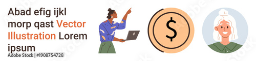Business, online work, communication, currency, teamwork, professional services. Person gesturing at a laptop, dollar icon female avatar. Business and online work concepts