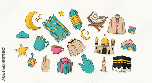 Ramadan Kareem Islamic symbols and objects collection  moon stars lanterns and gifts