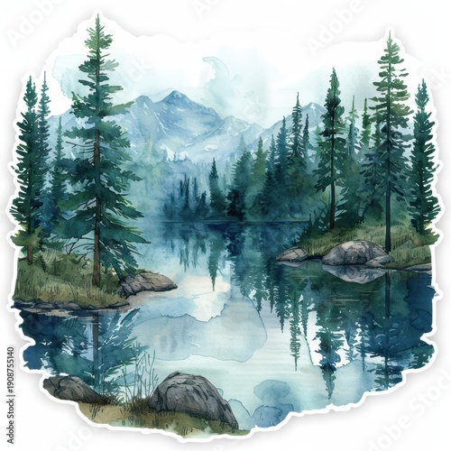 Misty mountain lake nature sticker landscape