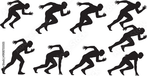 Silhouettes of people running in various dynamic poses fast