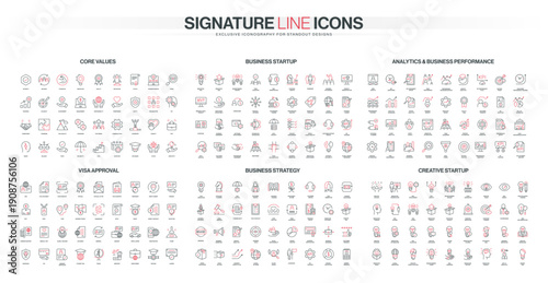 Red black thin line icon set with business startup, analytics, strategy, visa approval, creative ideas, corporate core values, for web design, branding, business presentations vector illustration