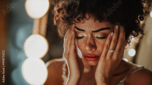 Anxious actress backstage suffering stage fright, stressed woman with headache holding head, vanity mirror lights.