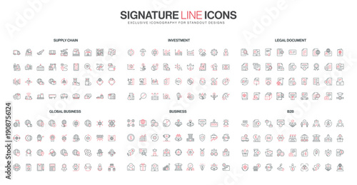 Thin red and black line icon set with supply chain, investment, global business, B2B, legal document themes, for modern corporate design, finance, and logistics projects vector illustration