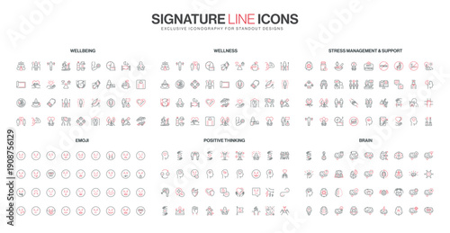 Collection of minimal line icons showing wellbeing, wellness, stress support, emoji faces, positive thinking, and brain concepts, mental health and emotional care isolated vector illustration