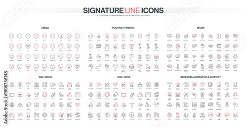 Thin line icon set of brain emoji, stress, wellbeing, wellness, positive thinking and mental health support in red and black, isolated on white background vector illustration