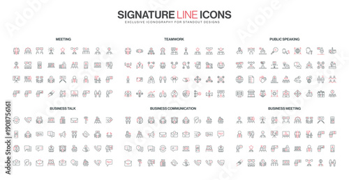 Collection of minimal line icons showing business meetings, teamwork, public speaking, communication, and collaboration concepts in a modern style isolated vector illustration
