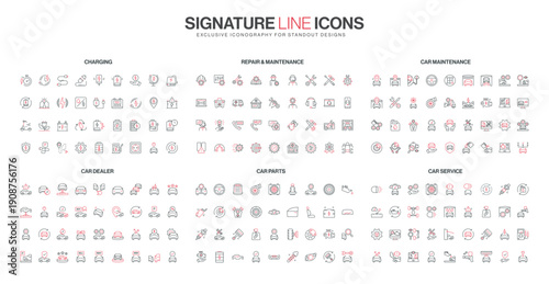 Comprehensive set of flat line icons for car charging, repair, maintenance, dealer, parts, and service topics, using red and black color accents isolated vector illustration