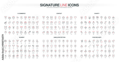 Modern line icons set covers ecommerce, contact, charity, payment, shield protection, and food delivery themes with red and black accents isolated vector illustration