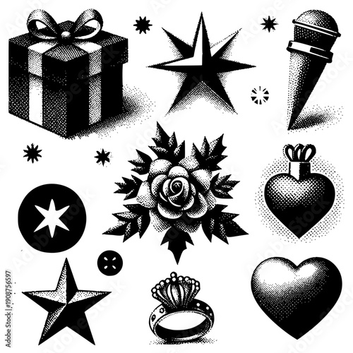 Ornamental Love Flash, A refined monochrome sheet of ornamental love-themed icons: roses, hearts, rings, and decorative banners with classic tattoo styling.