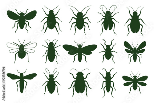 Black Silhouette Insects Vector Illustration Set