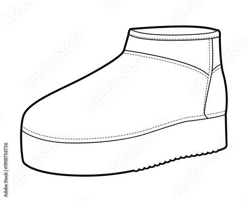 Platform winter boot women single line. Chunky sole short fleece boot for weekend walk cafe stop and travel. Technical fashion illustration CAD mockup clean vector man unisex isolated modern style.