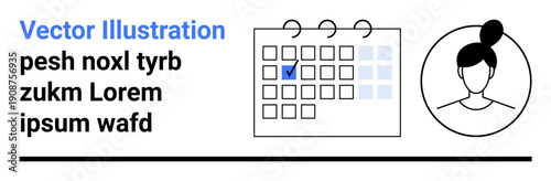 Scheduling, time management, organizing events, productivity, appointments, deadlines. Calendar grid with a marked date and a female profile icon. Scheduling and time management concept