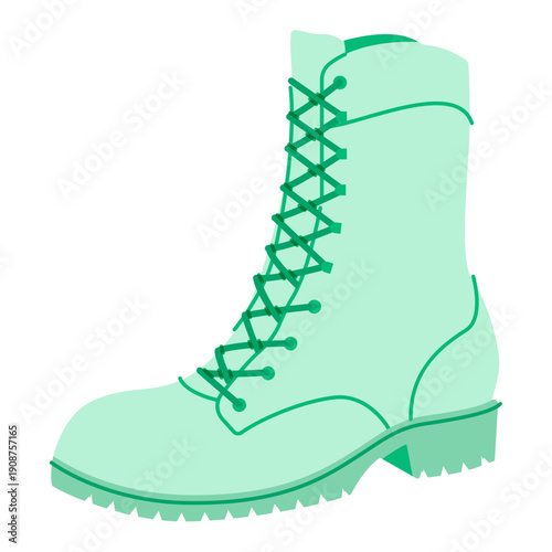 Green lace-up lug sole boot women flat pair. Chunky tread with front lacing for hiking, terrain photoshoot. Technical fashion illustration CAD mockup smooth vector men unisex isolated glamorous style.