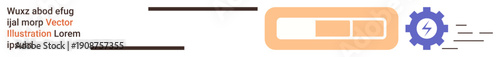 Workflow efficiency, software processes, technology concepts, progress bars, productivity tools, digital systems. Horizontal progress bar and cogwheel icon. Workflow efficiency and software processes