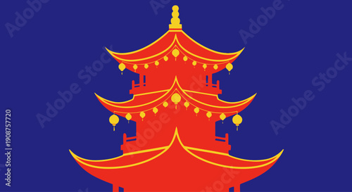Traditional Red Pagoda with Golden Accents Against a Deep Blue Background.