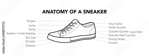 Sneaker trainer anatomy diagram single line. Tongue, lace, eyelet and collar construction for learning, professional reference. Technical fashion illustration CAD mockup vector isolated classic style