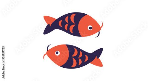 Two stylized orange and dark blue fish with whiskers swimming in opposite directions.