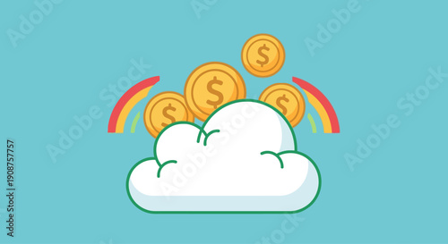 Cloud with Gold Coins and Rainbows Representing Financial Success.