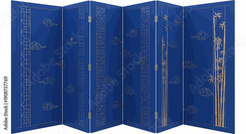 Blueprint-style accordion fold screen with technical drawings.