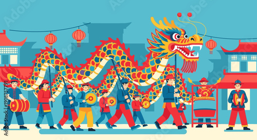 Vibrant Chinese Dragon Dance Parade with Performers.