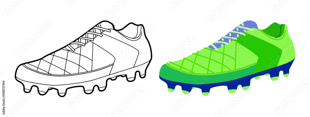 Obraz premium Soccer sneaker shoe flat plus line set. Cleat silhouette for sportswear branding, tactics graphic, man woman unisex. Technical fashion illustration, CAD mockup, mixed vector isolated stylish style.