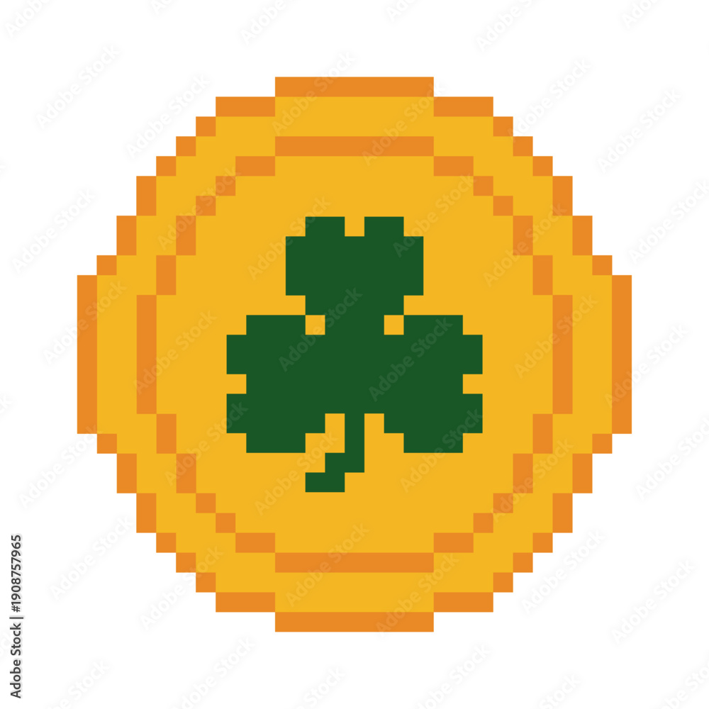 Obraz premium Lucky Shamrock Coin Pixel Art 8-Bit Illustration