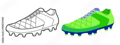 Soccer sneaker shoe flat plus line set. Cleat silhouette for sportswear branding, tactics graphic, man woman unisex. Technical fashion illustration, CAD mockup, mixed vector isolated stylish style.