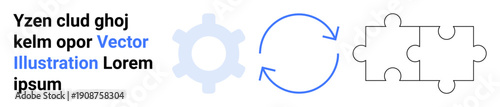 Workflow, teamwork, efficiency, collaboration, innovation, problem-solving. Gear, circular arrows puzzle pieces . Workflow and teamwork through connected icons and symbols