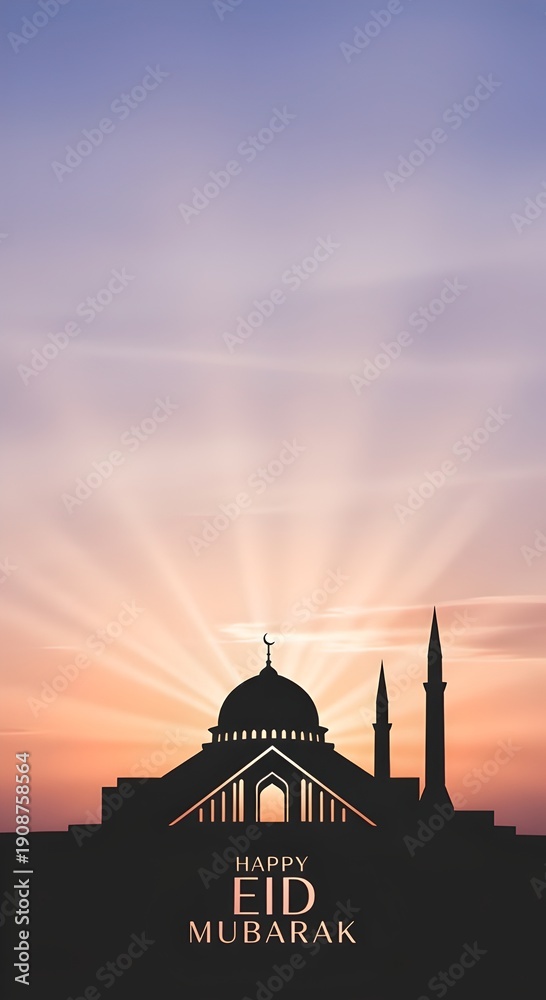 Obraz premium Happy Eid Mubarak greeting with a silhouette of a mosque against a beautiful sunrise sky