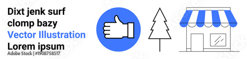 Social approval, retail store design, eco-friendly business, branding visuals, digital interface, marketing. Blue thumbs up icon, line-art tree and storefront. Social approval and retail design