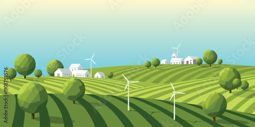 Green agricultural fields with wind turbines and countryside village. Represents sustainable energy, eco farming, and renewable power generation themes.