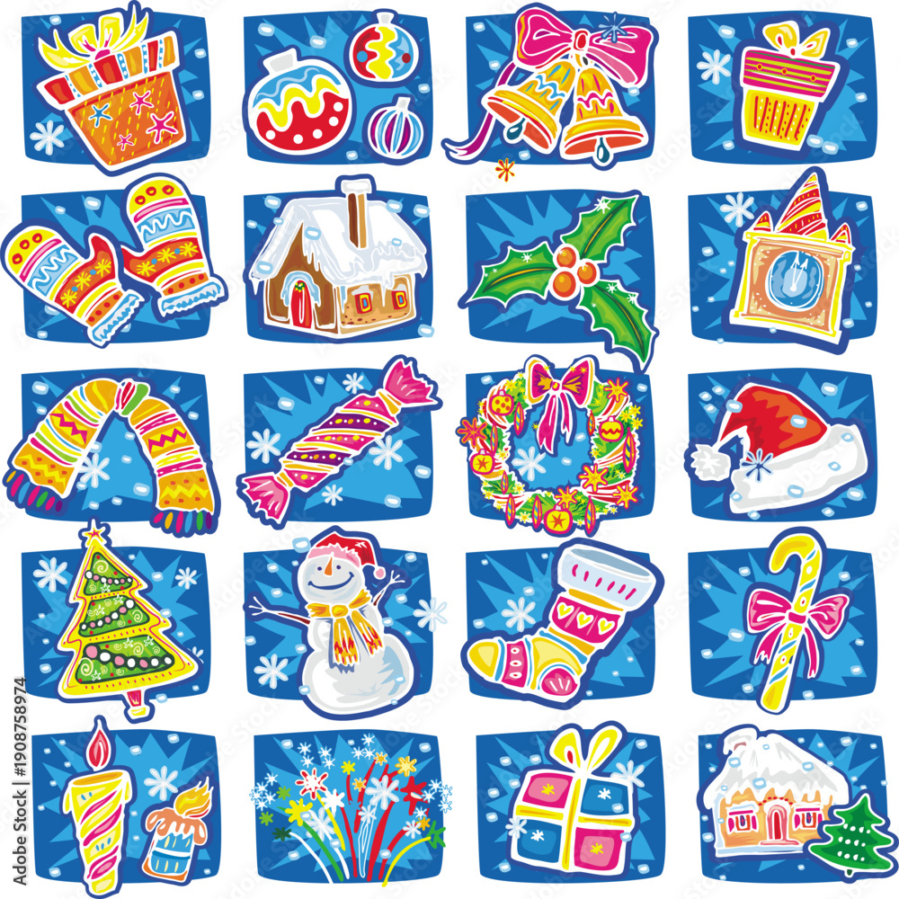 Obraz premium Set of colorful hand drawn Christmas and New Year vector icons. Festive doodle stickers with gifts, snowman, tree, and winter elements on blue background.