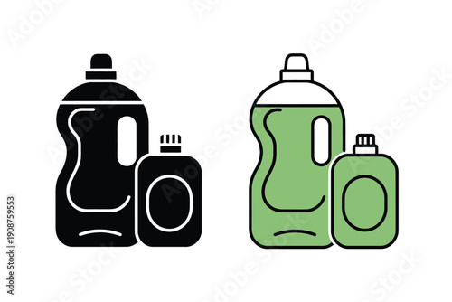 Two sets of cleaning product bottles, one in black and white and one in green and white.