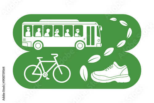 Illustration of sustainable transportation options like a bus, bicycle, and walking.