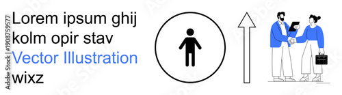Business growth, career progression, teamwork, collaboration, professional communication, office relationships. Professionals shaking hands, an upward arrow a figure in a circle. Business growth