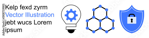Innovation, cybersecurity, data protection, network science, software development, security concepts. Gear lightbulb, molecular structure and shield lock icon. Cybersecurity and innovation