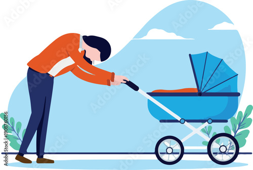 Tired mother wit baby stroller - Woman walking child pram with head hanging down feeling sad and exhausted. Flat design vector illustration with white background.e