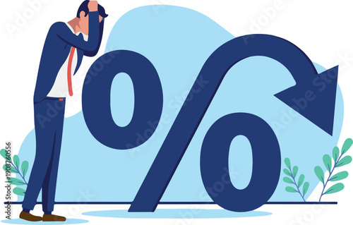  Inflation business economy - Sad desperate businessman looking at earnings and profits going down making less money. Company crisis and financial economic depression concept concept in flat design.