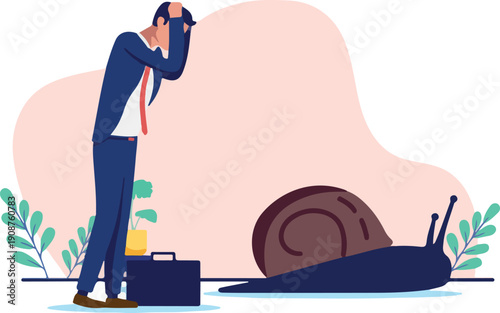 Slow business and career - Sad bored businessman person standing still with snail feeling lack or no progress in life and company. Unsatisfied and unfulfilled concept in flat design vector graphic.