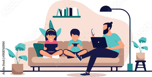 Family looking at screens - Father using a laptop and phone, and two children engaging with devices, depicting modern digital lifestyle and screen time at home. Flat design vector illustration.
