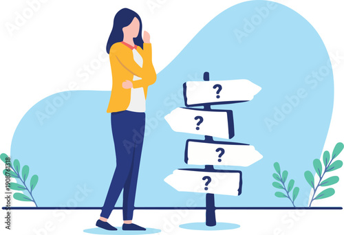 Woman decisions - Female person standing by life crossroad contemplating and wondering about choices. Flat design vector illustration with white background